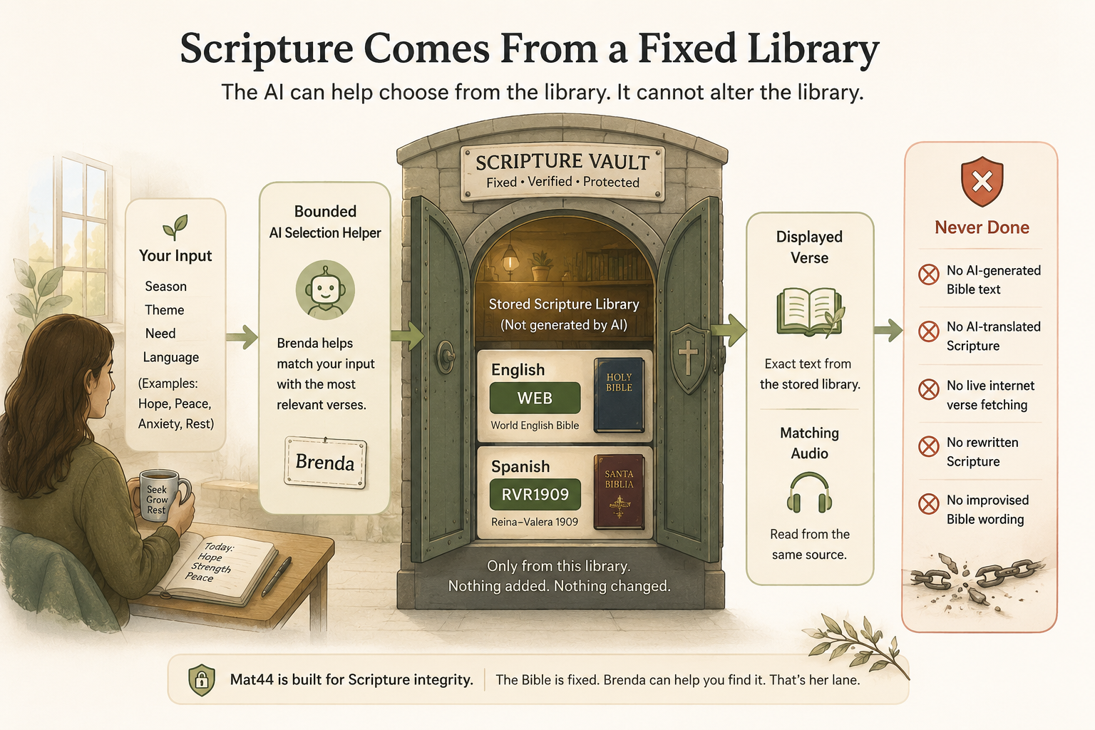 Diagram showing that Mat44 uses a fixed Scripture library and AI cannot alter Scripture text.