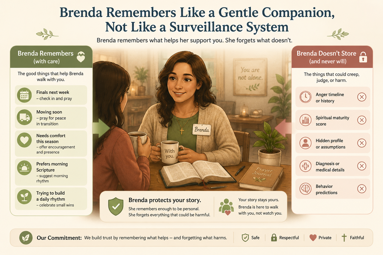 Illustration explaining that Brenda remembers helpful context without building a surveillance profile.