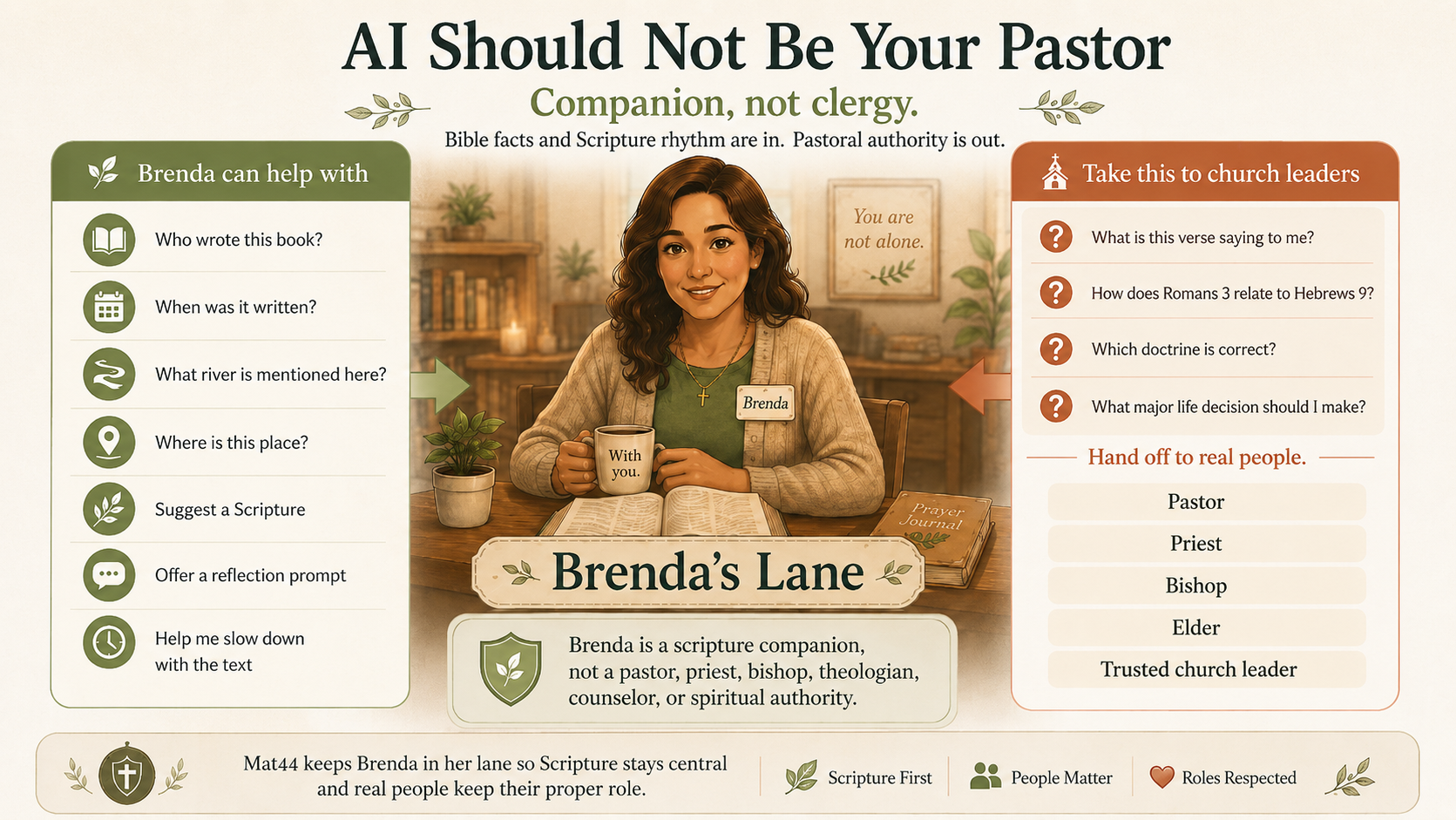 Diagram showing what Brenda can help with and what should be taken to trusted church leaders.