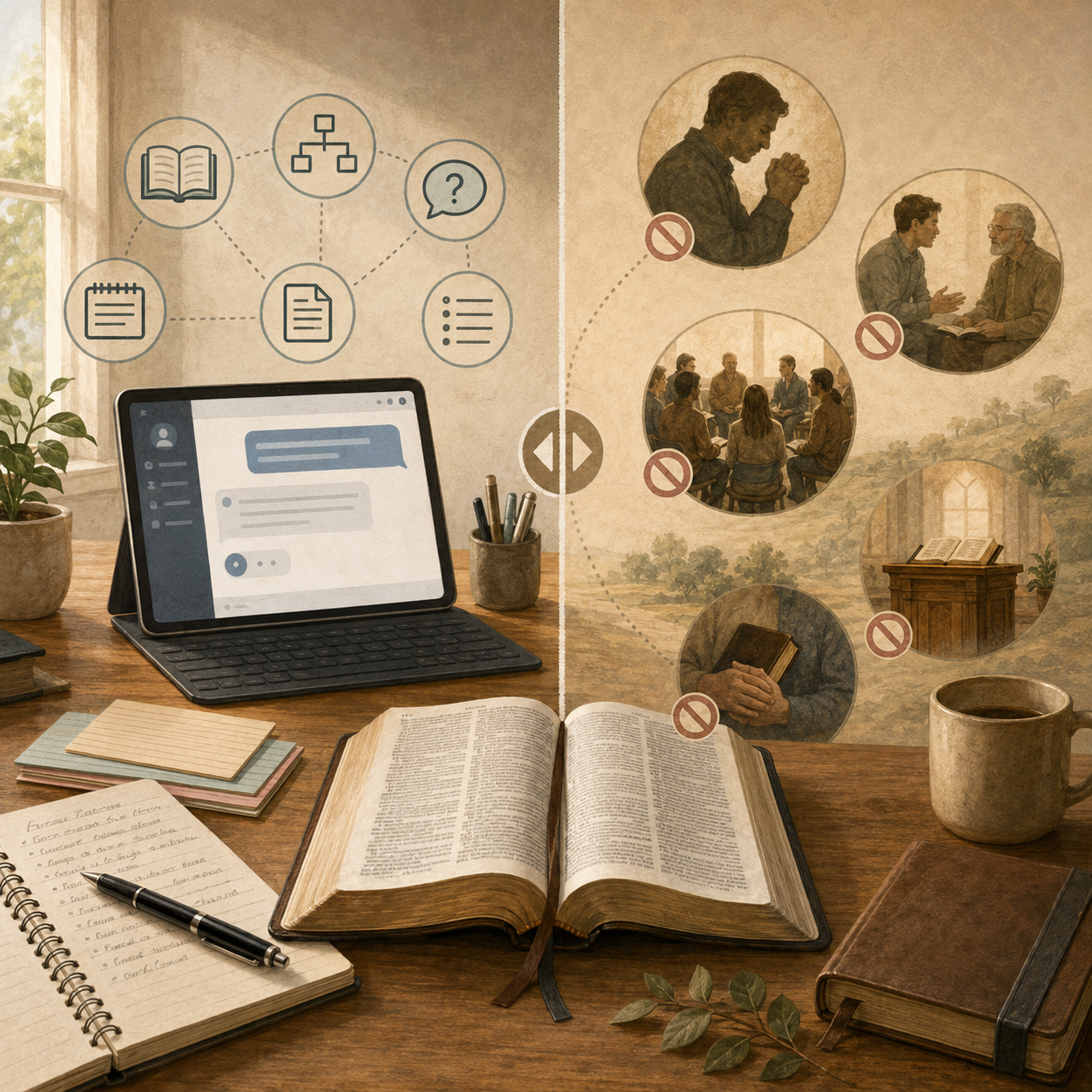 An open Bible, notebook, and simple AI interface arranged together, showing AI as a support tool for Bible study.