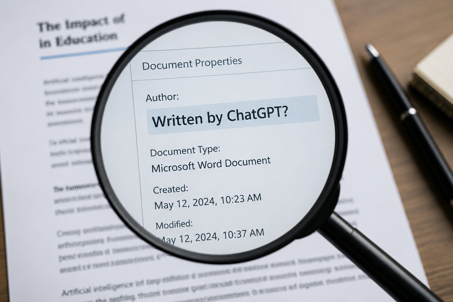 A magnifying glass over document metadata asking whether text was written by ChatGPT.