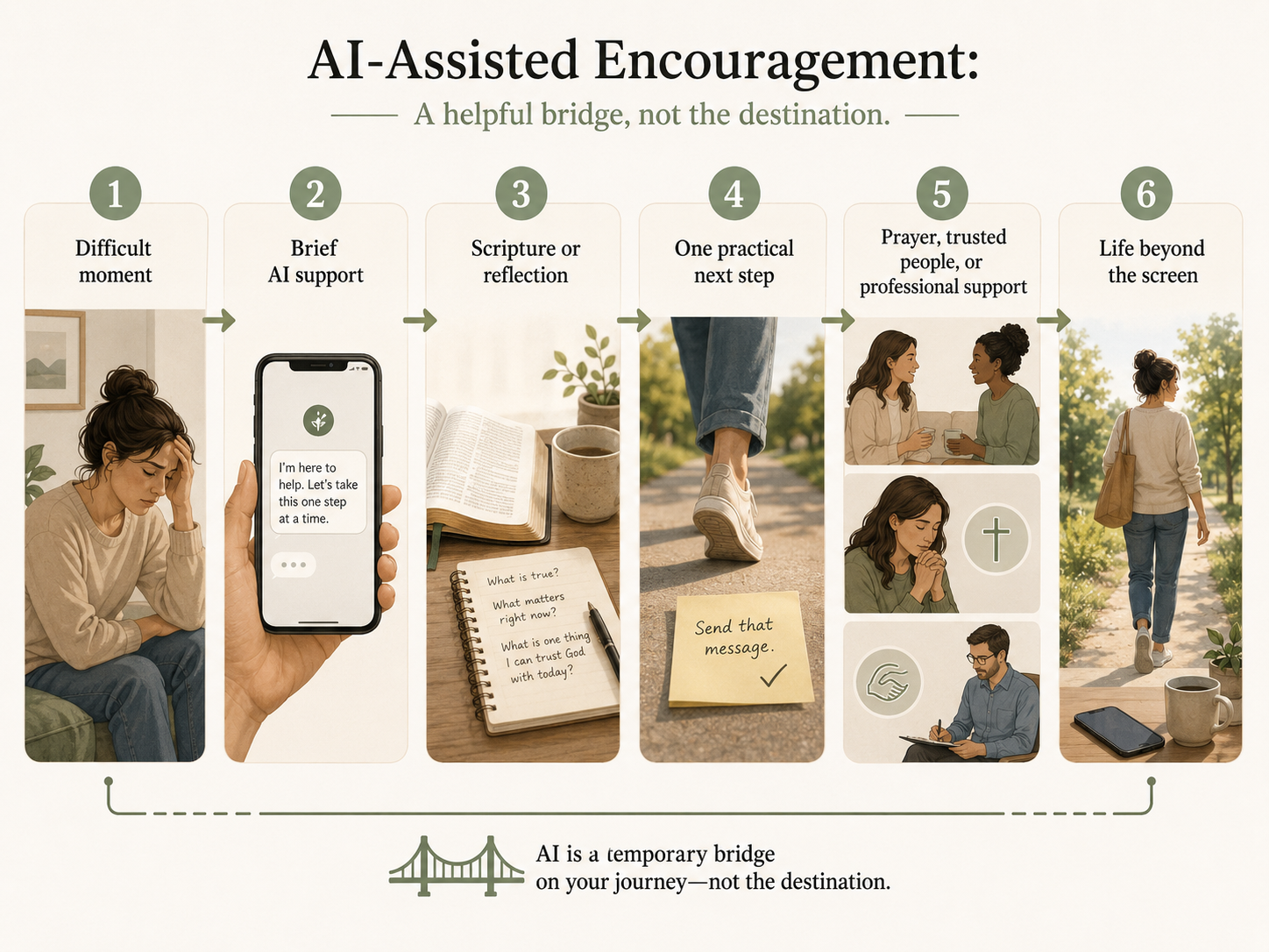 A flowchart showing AI encouragement as a temporary bridge toward Scripture, practical action, prayer, trusted people, professional support, and life beyond the screen.