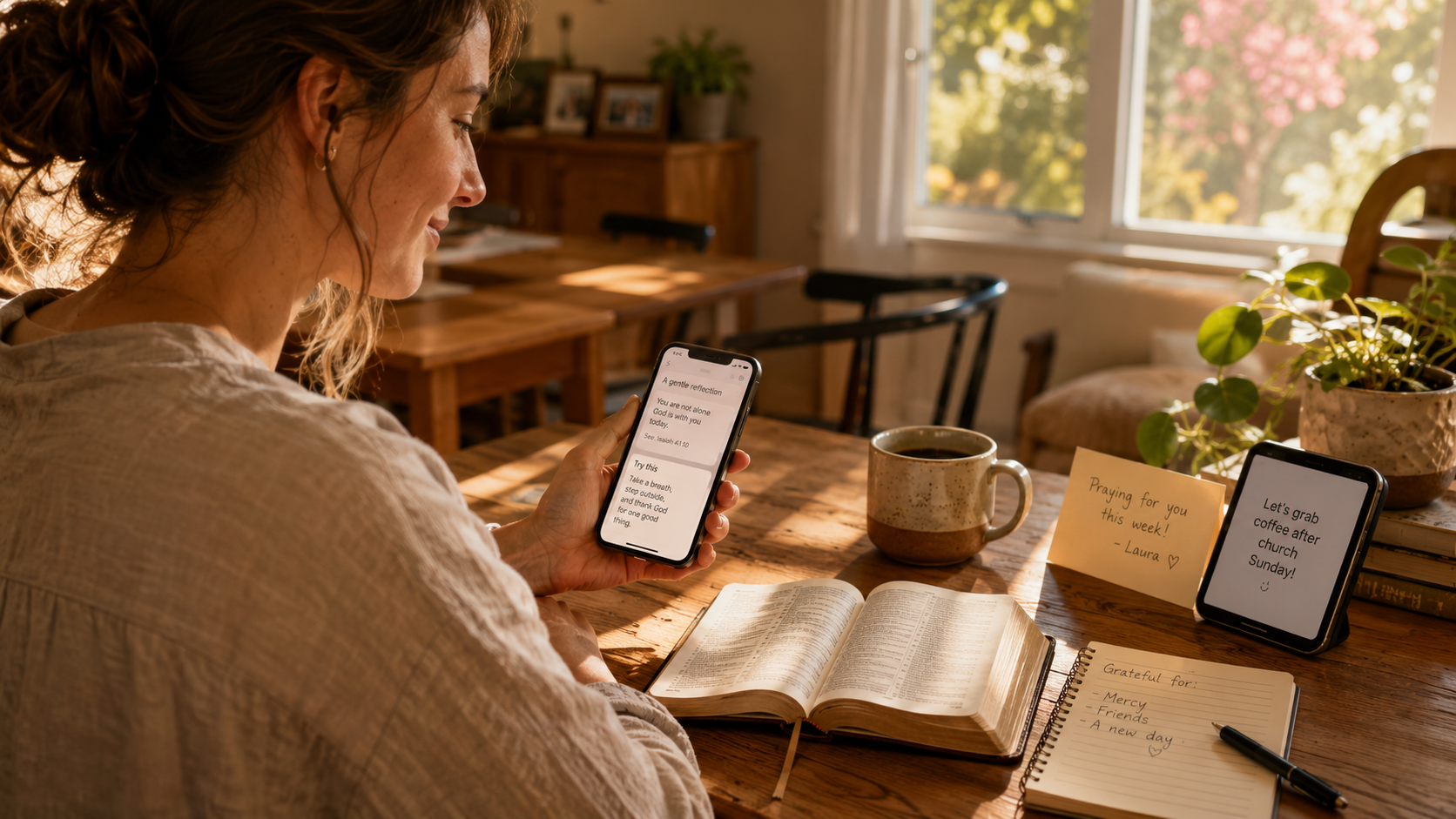 A woman receiving a brief encouraging prompt on her phone beside an open Bible, handwritten note, and message from a trusted friend.