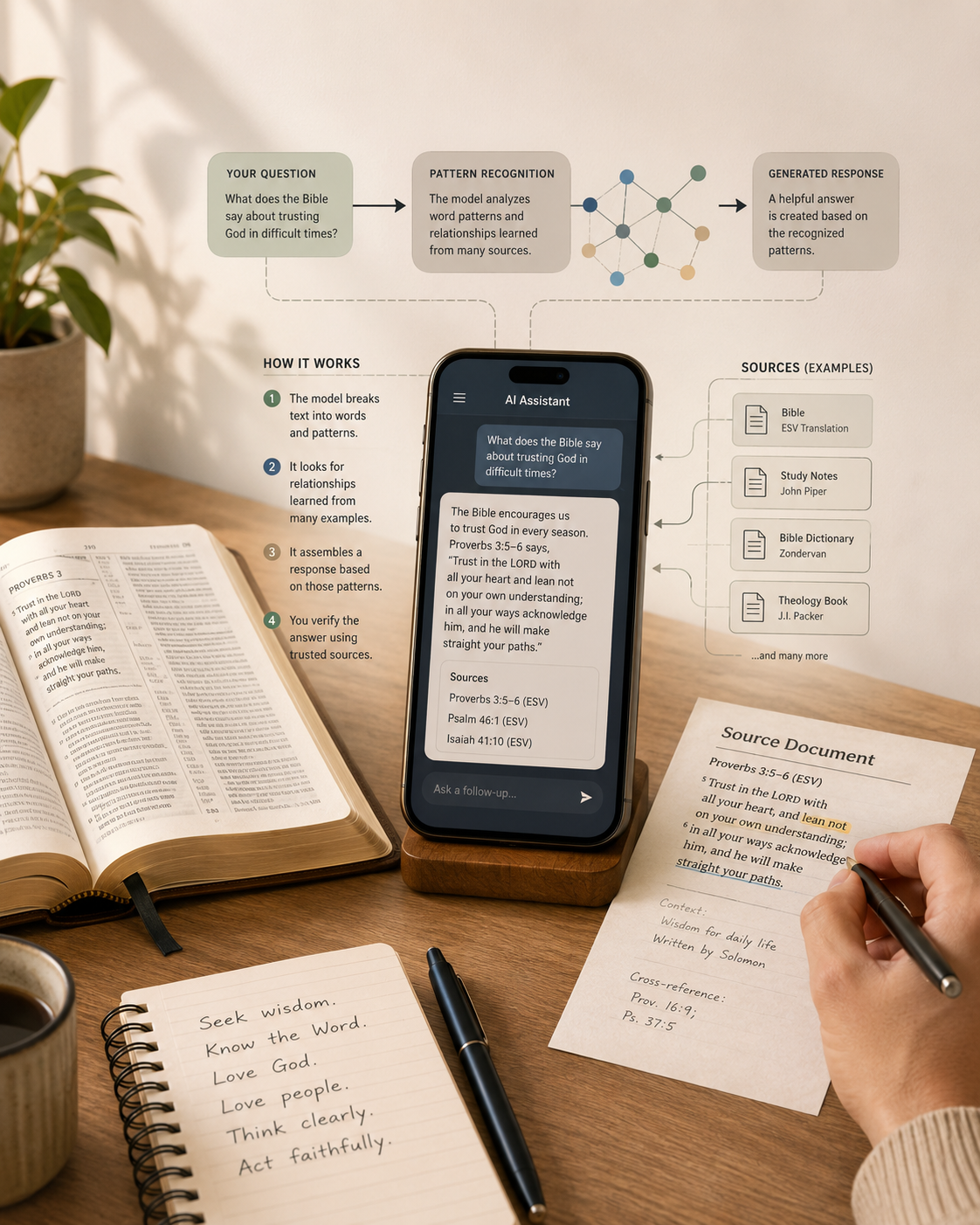 An open Bible beside a phone and a simple diagram showing how AI recognizes patterns and generates responses.