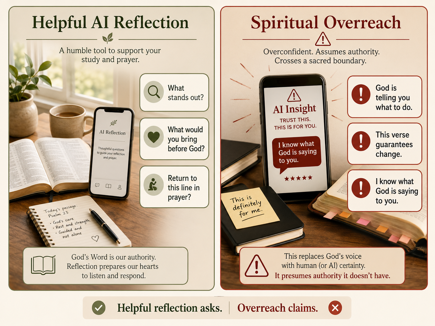 A comparison between helpful AI reflection questions and overconfident claims of spiritual authority.