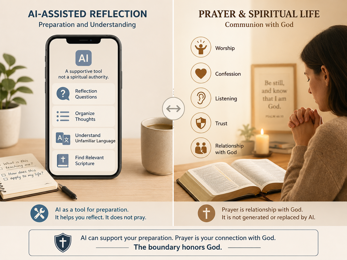 An infographic distinguishing AI-assisted reflection and preparation from prayer, worship, trust, and relationship with God.