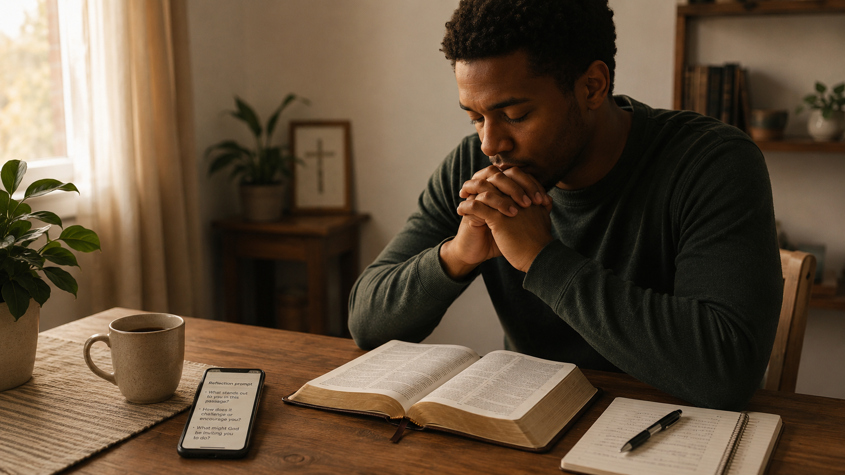 A Christian quietly praying beside an open Bible, notebook, and smartphone used as a secondary reflection tool.