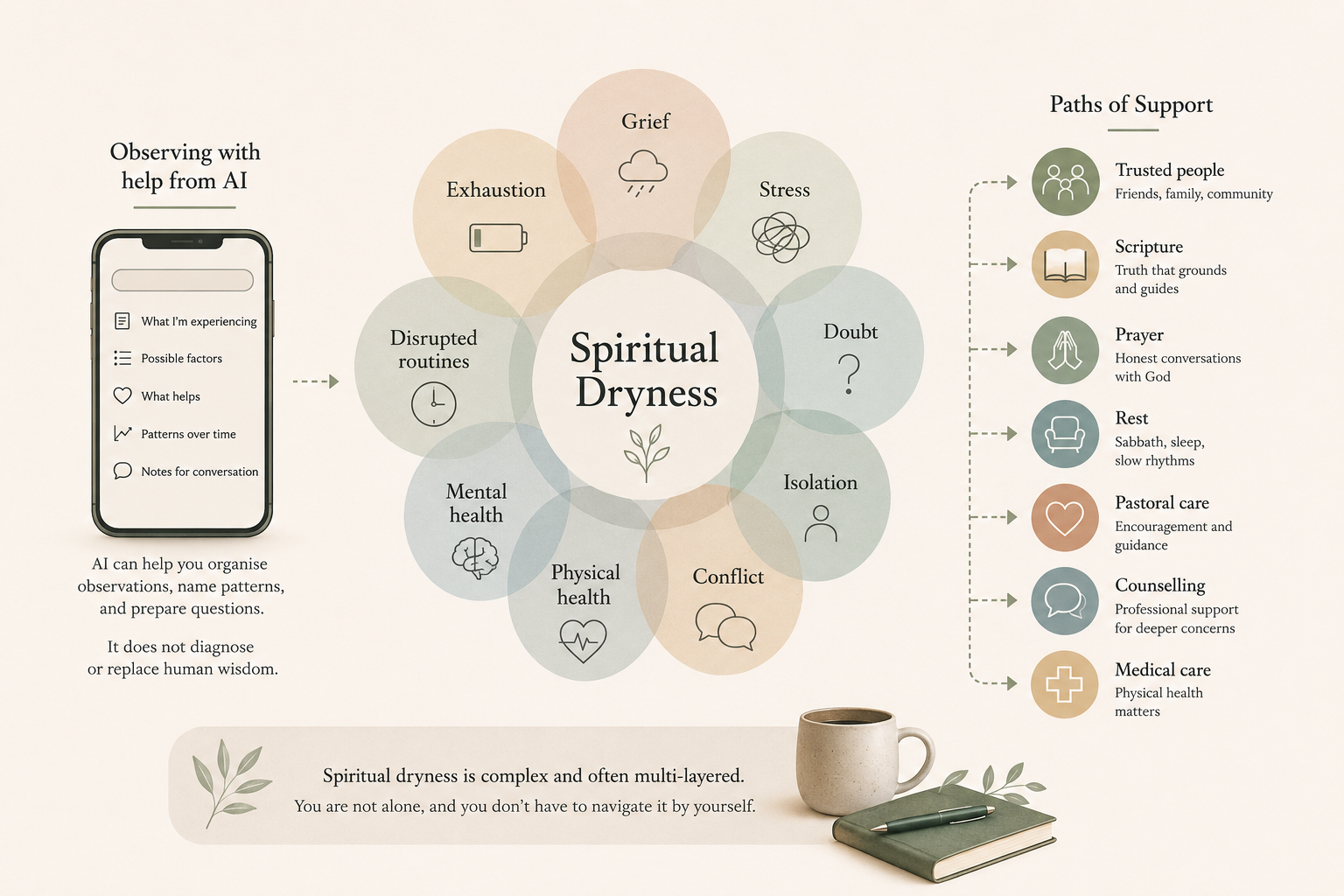 A diagram showing grief, exhaustion, stress, doubt, isolation, conflict, health, and disrupted routines as overlapping contexts around spiritual dryness, with several possible paths of support.