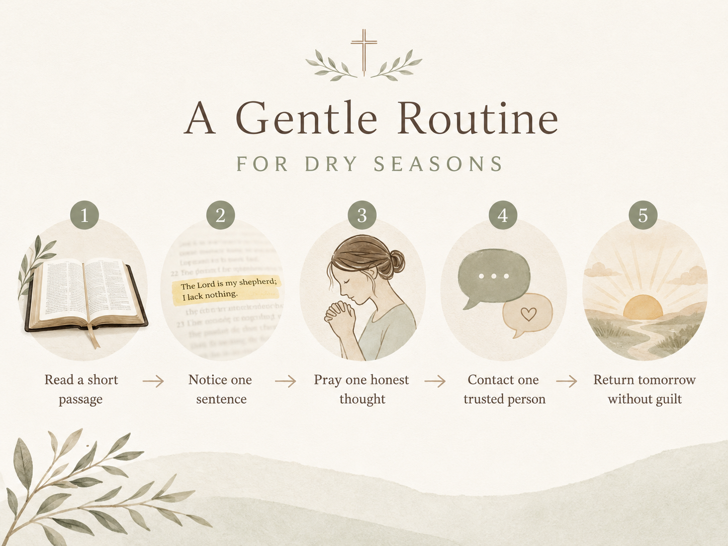 A gentle five-step routine for a spiritual dry season: read a short passage, notice one sentence, pray honestly, contact someone trusted, and return tomorrow without guilt.