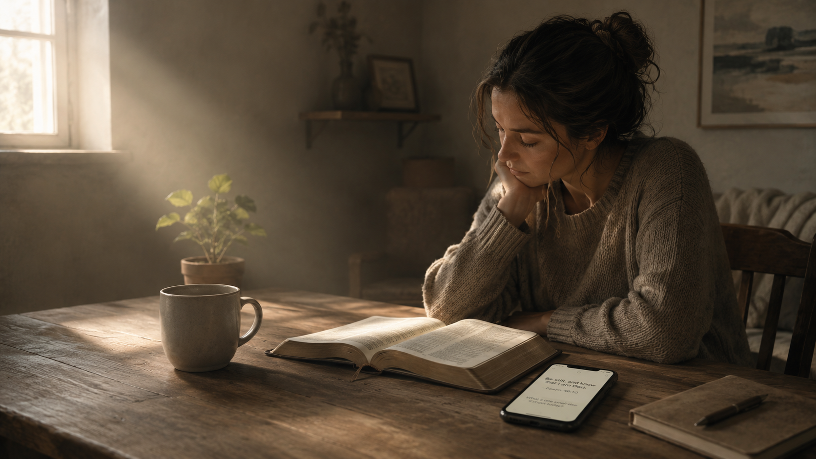A weary Christian sitting quietly with an open Bible while a smartphone rests nearby as a secondary reflection tool.