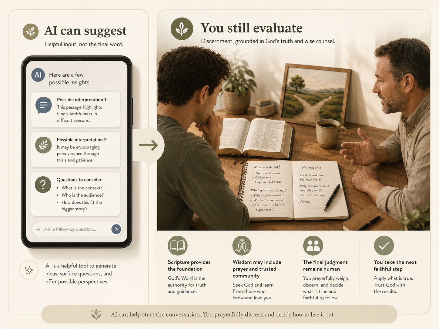 An infographic showing AI offering possible insights while a person evaluates them through Scripture, prayer, personal reflection, and trusted Christian community.