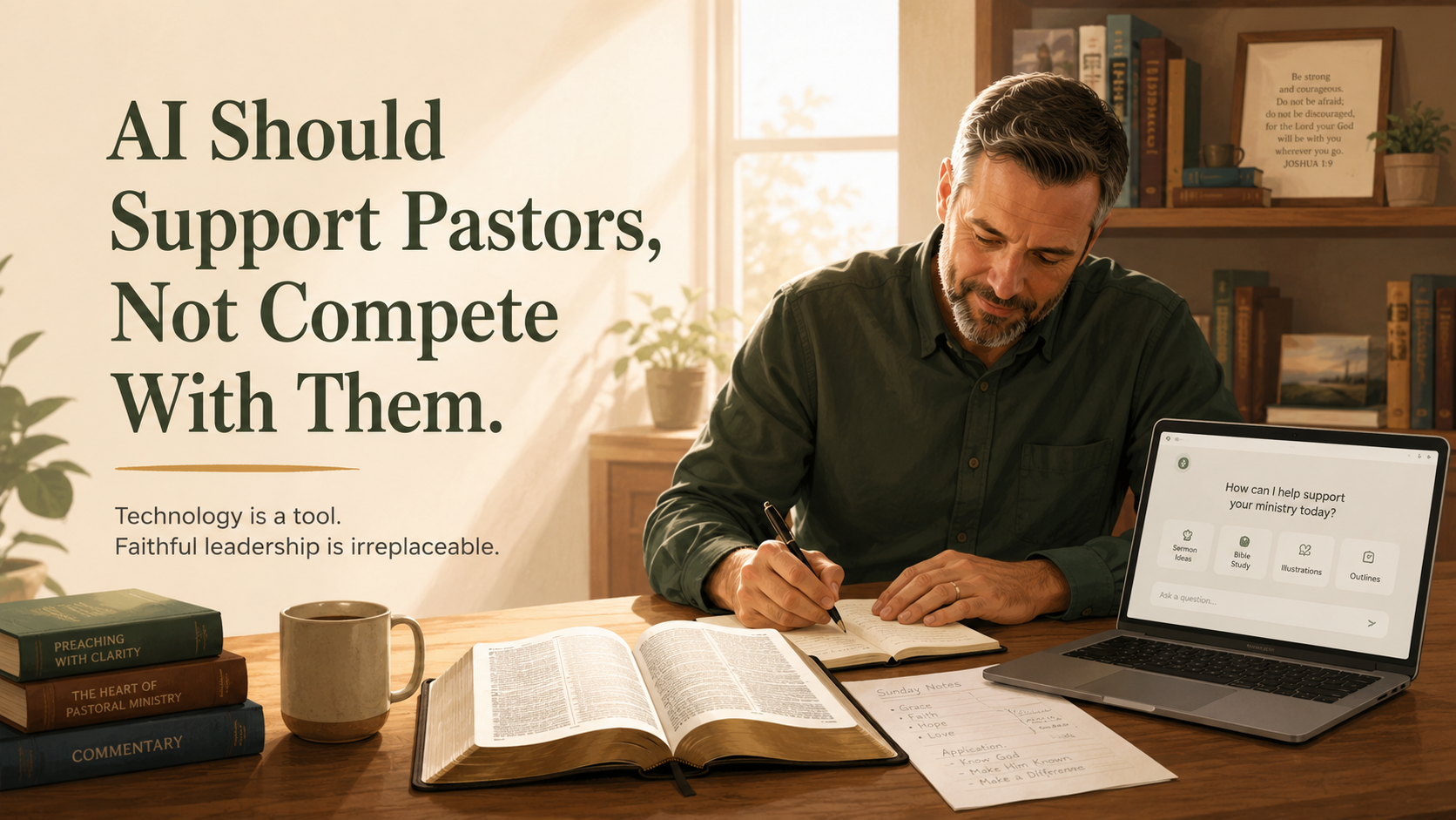 A pastor preparing with an open Bible, sermon notes, and a laptop showing a simple AI support tool.