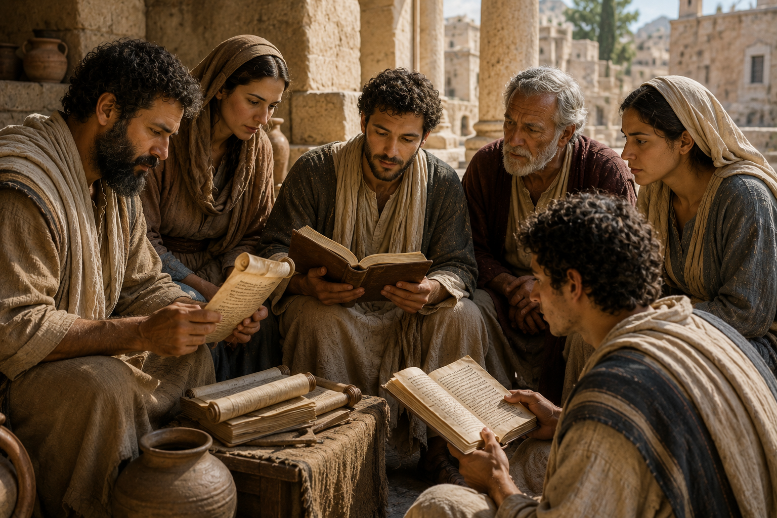 A historical scene of people gathered around scrolls, examining scripture together.