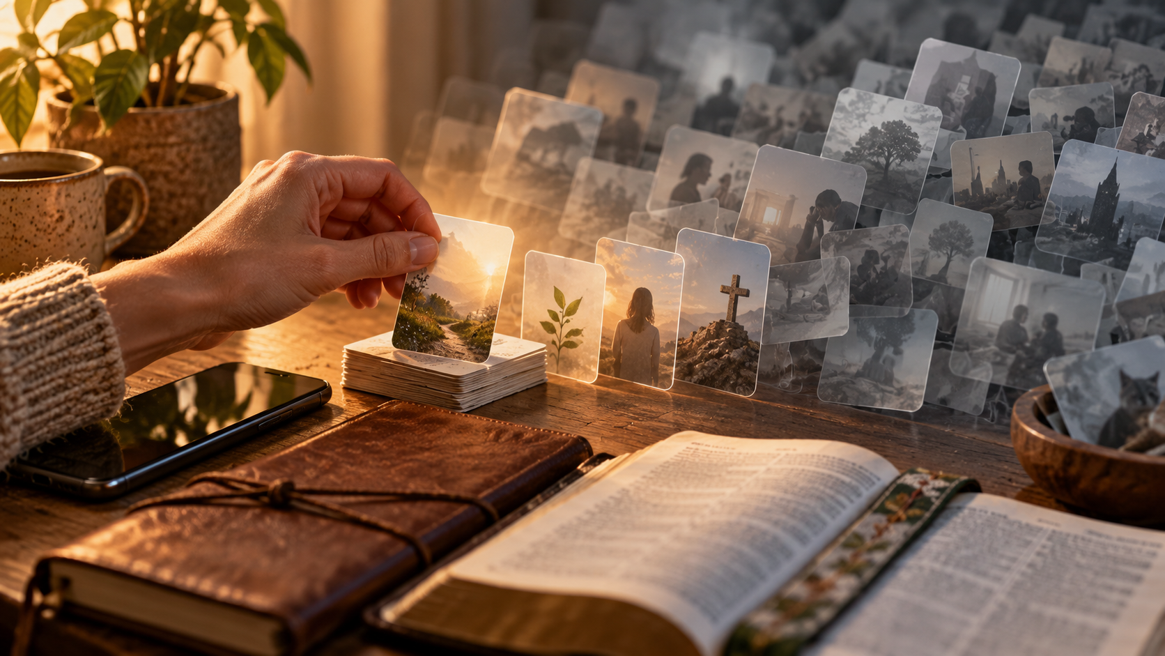 A hand selects one meaningful memory card from a desk beside a Bible while many other cards fade softly into the background.