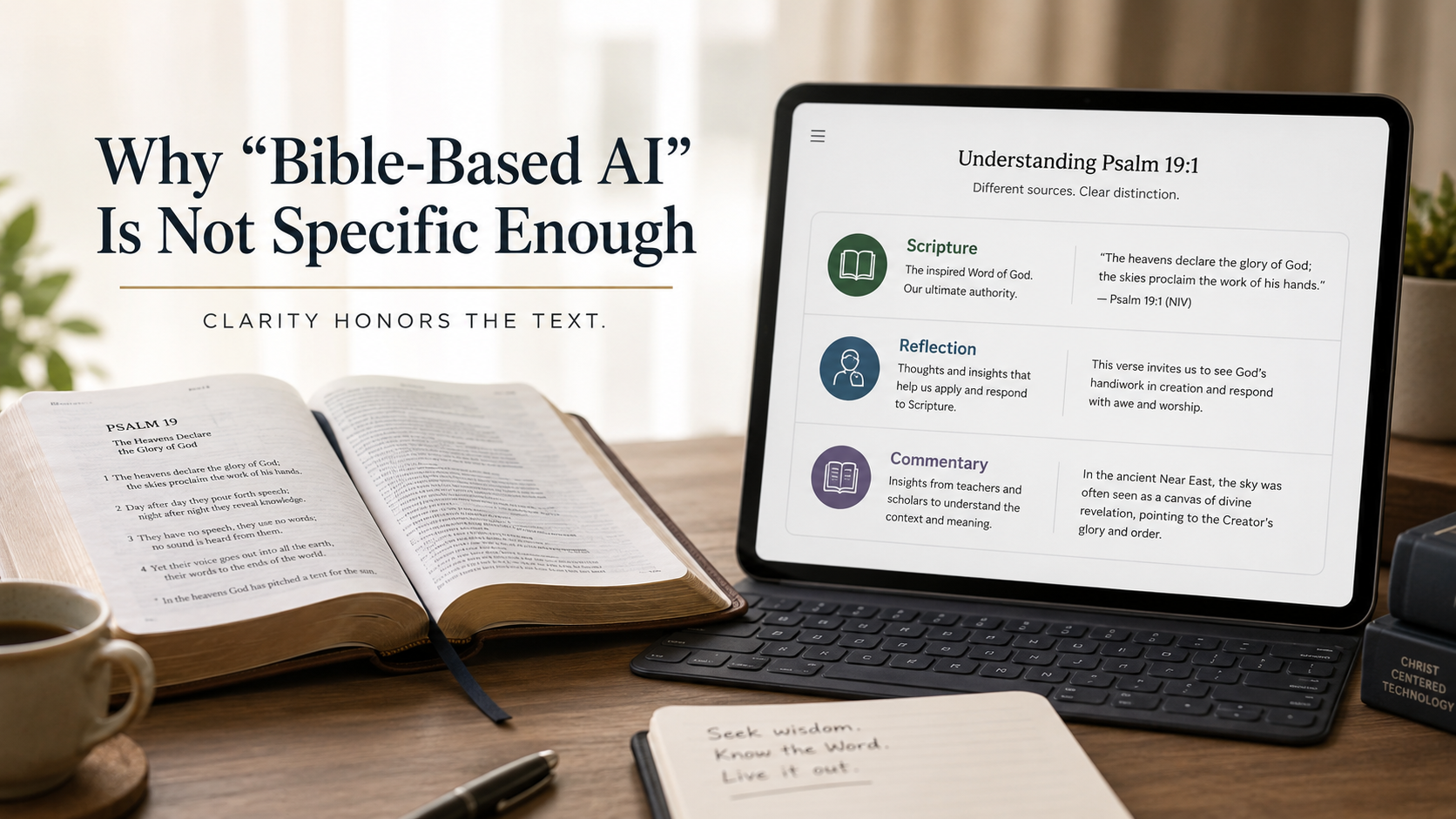 An open Bible beside a tablet showing separate sections for Scripture, reflection, and commentary, illustrating why Christian AI should clearly distinguish Bible text from generated support.