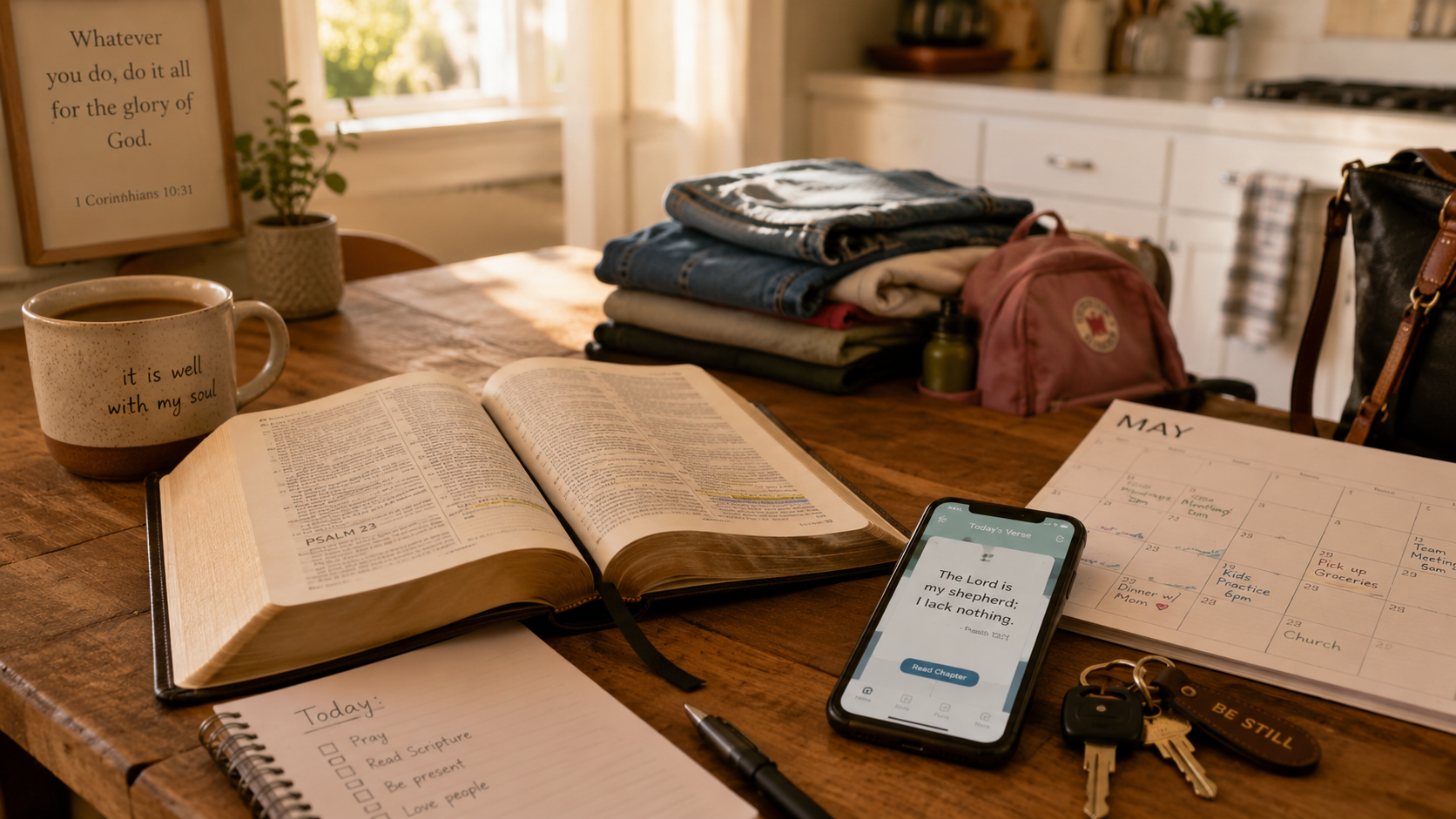 An open Bible, coffee, phone Scripture reminder, calendar, keys, and ordinary family items on a lived-in kitchen table.