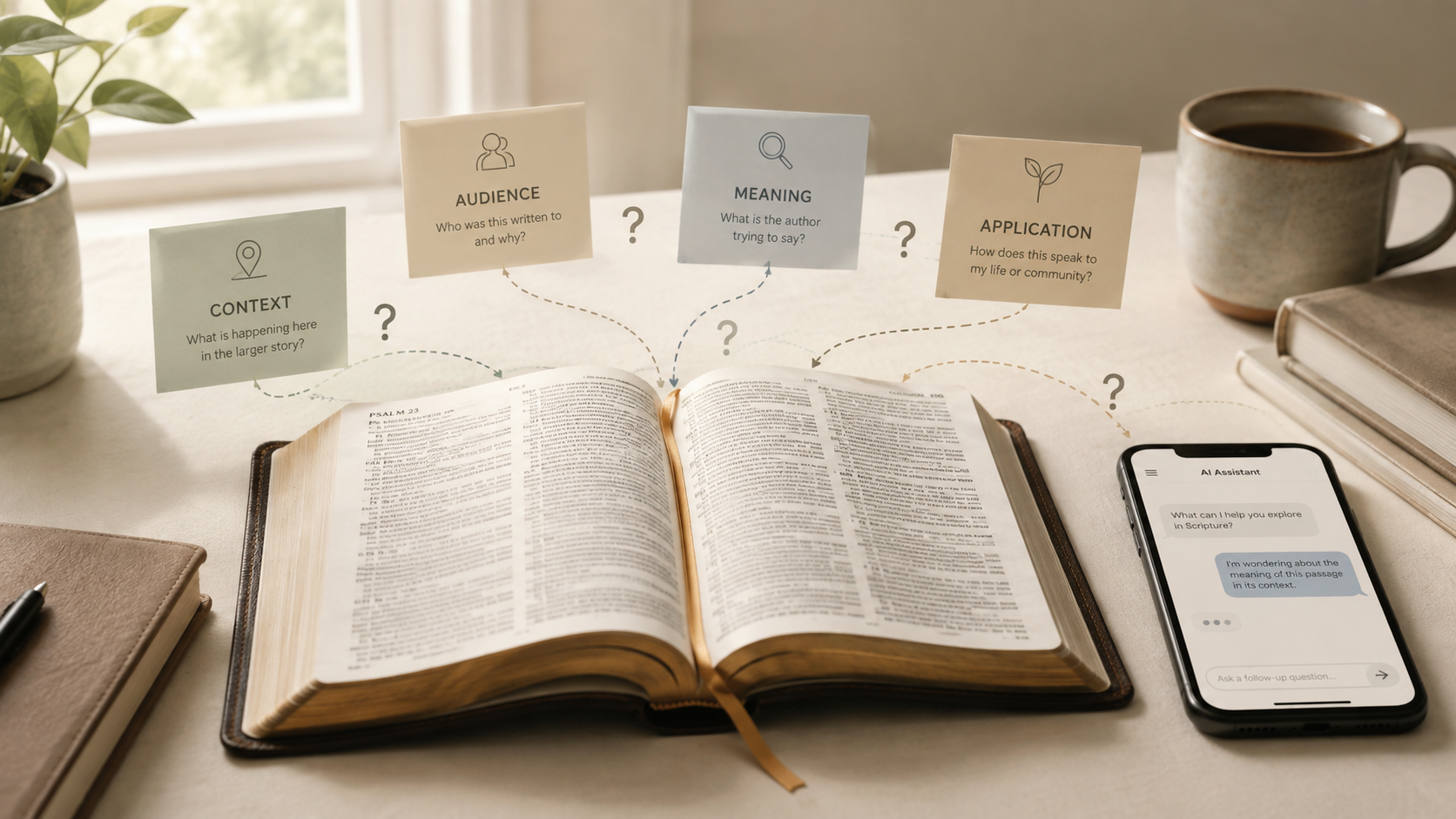 An open Bible beside a smartphone, with study questions about context, audience, meaning, and application.