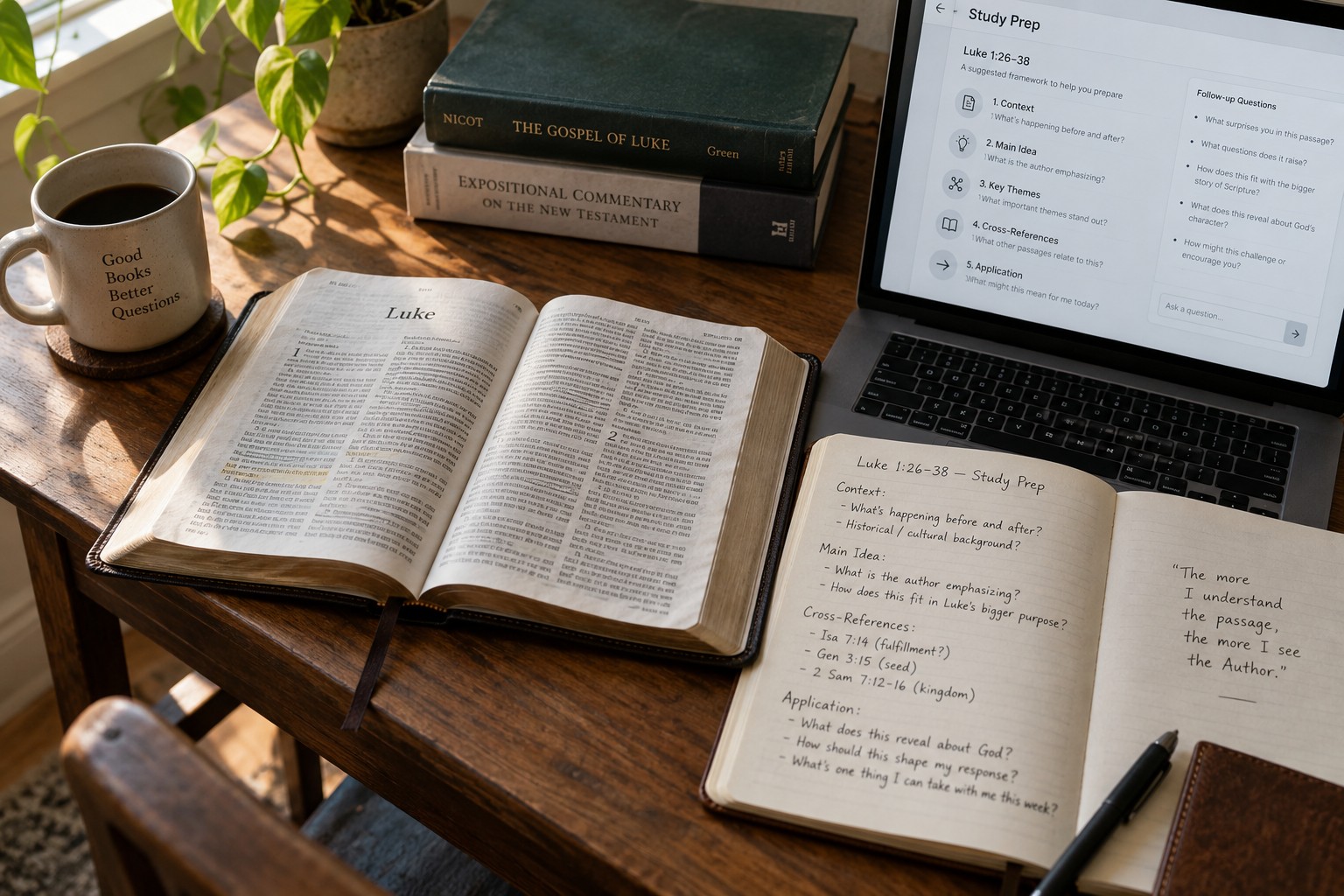 An open Bible, study notes, and a laptop showing a structured Bible study preparation guide.