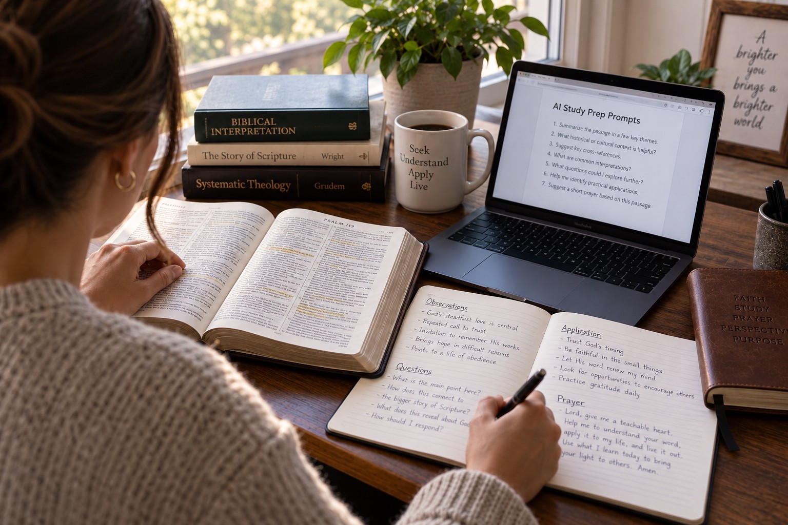 A woman reading an open Bible, writing her own study notes, and using AI prompts as a secondary preparation tool.