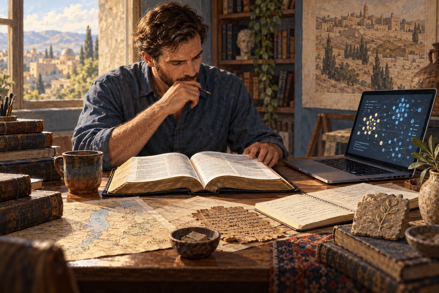 A reader comparing an open Bible and historical study materials with patterns displayed on a laptop.