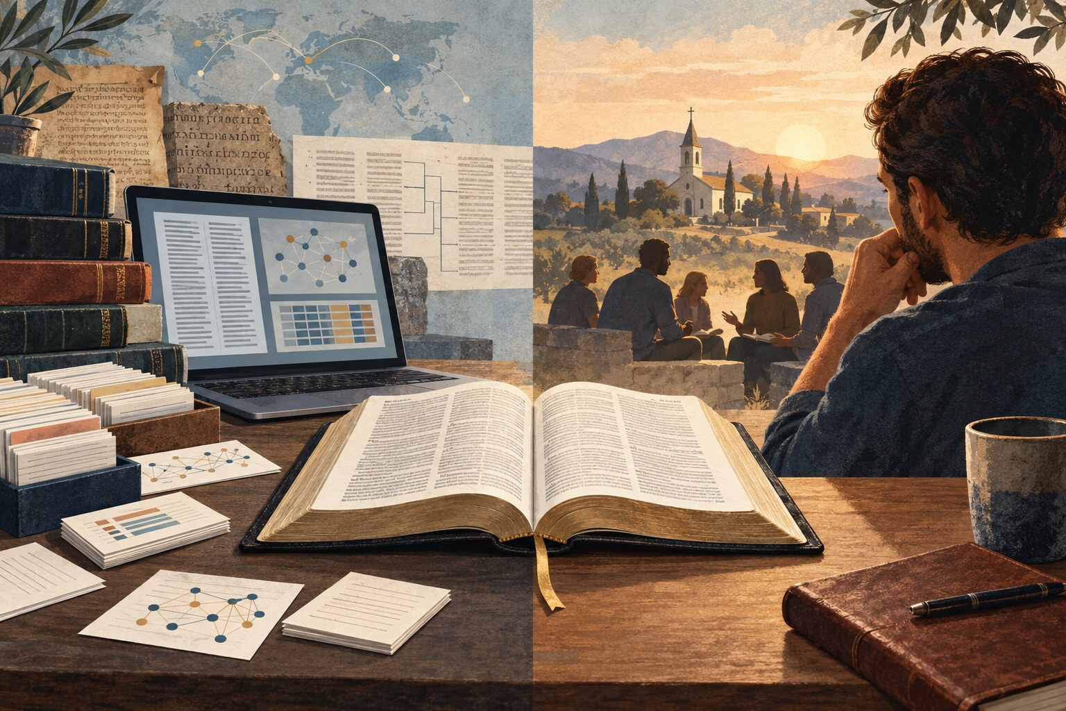 A visual comparison between AI organizing information and people reading, discerning, and discussing Scripture in community.