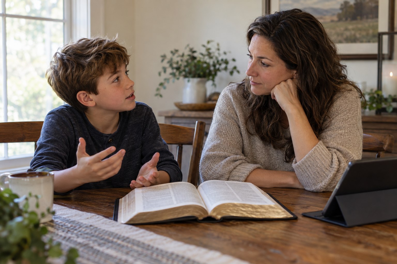 A mother listens to her son beside an open Bible, with a tablet set to the side.