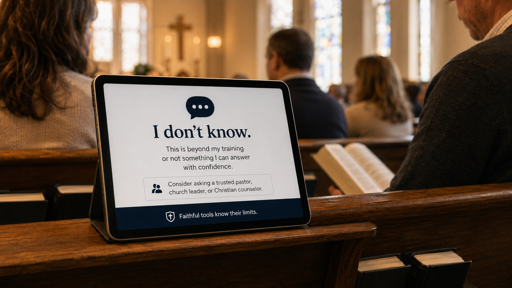 A tablet on a church pew displaying the message I do not know, with people seated nearby in a chapel, illustrating humility and limits in Christian AI.