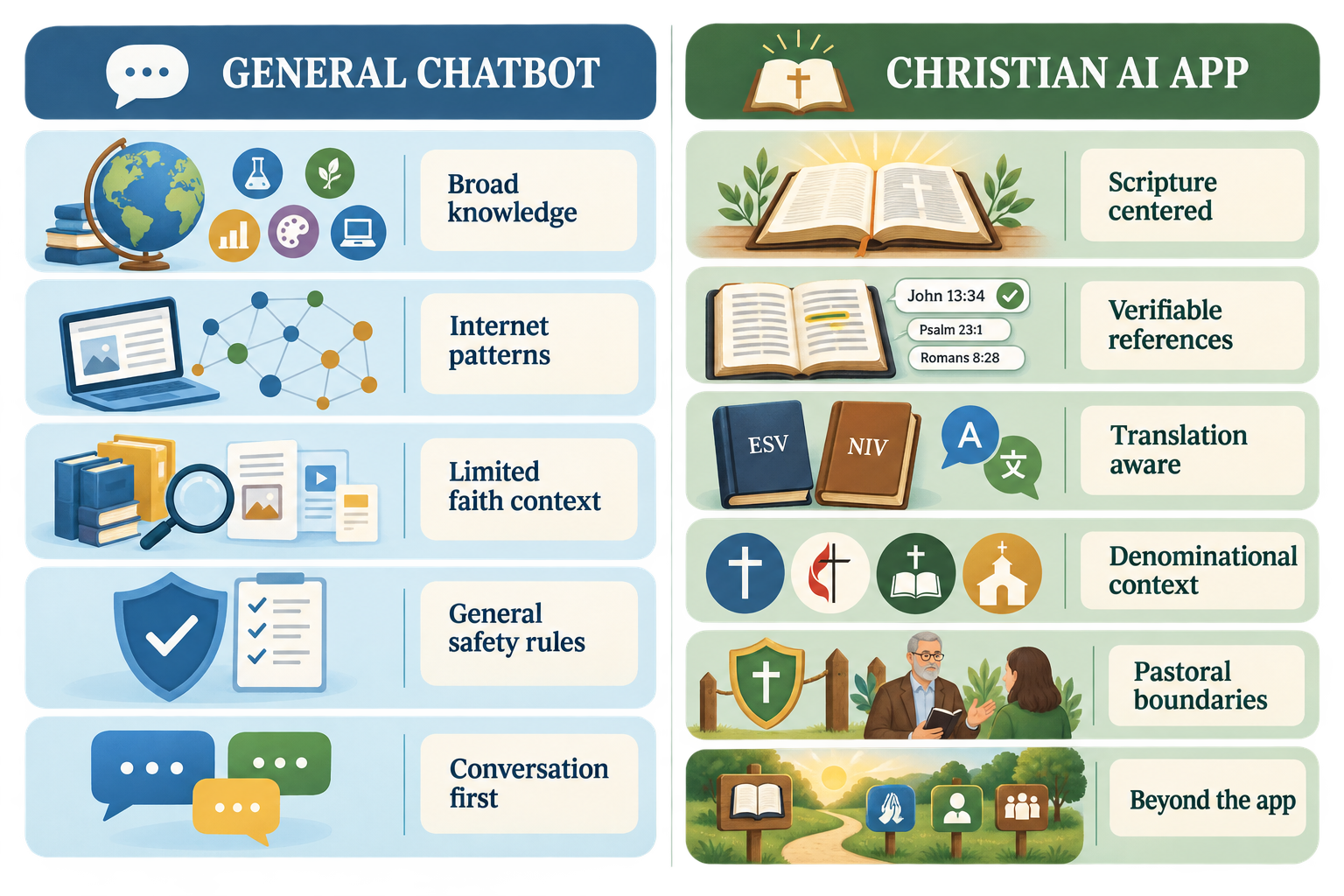 A fair two-column comparison shows the breadth and general safeguards of a multipurpose chatbot beside the Scripture sources, translation awareness, denominational context, and pastoral boundaries of a Christian AI app.