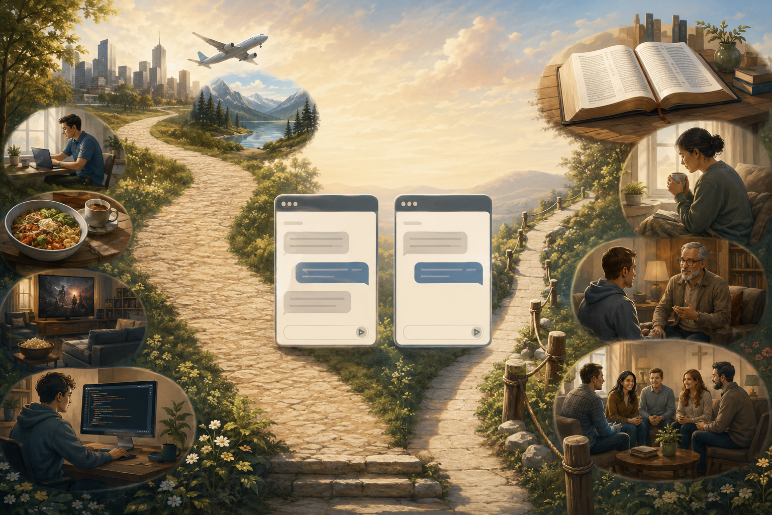 Similar AI interfaces lead toward different destinations: broad everyday subjects on one path and Scripture, prayer, a trusted pastor, and Christian community on the other.