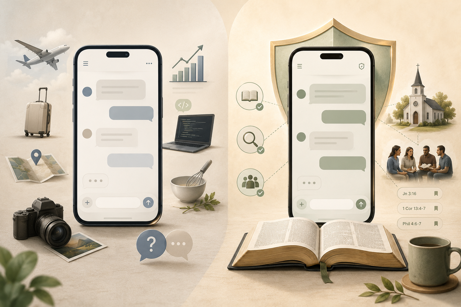 Two equally polished smartphone interfaces compare a broad general chatbot with a Scripture-centered Christian AI app connected to a Bible, boundaries, and church community.