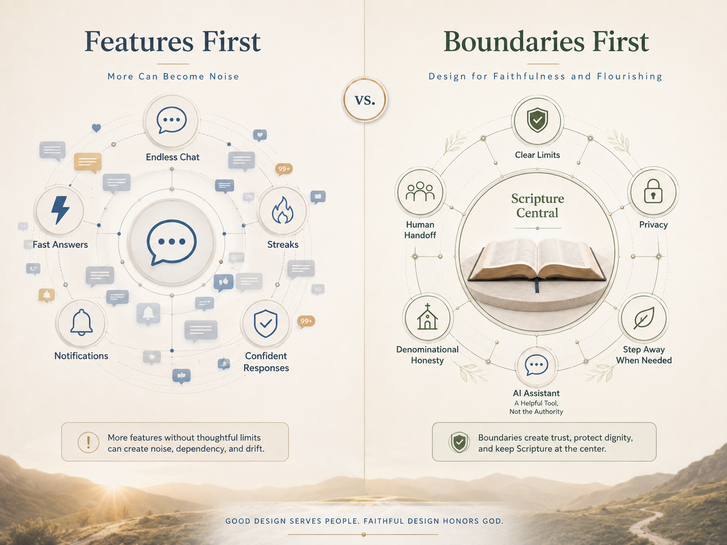 A comparison between a busy features-first Christian AI design and a calmer boundaries-first design centered on Scripture, clear limits, human handoff, privacy, honesty, and healthy screen use.