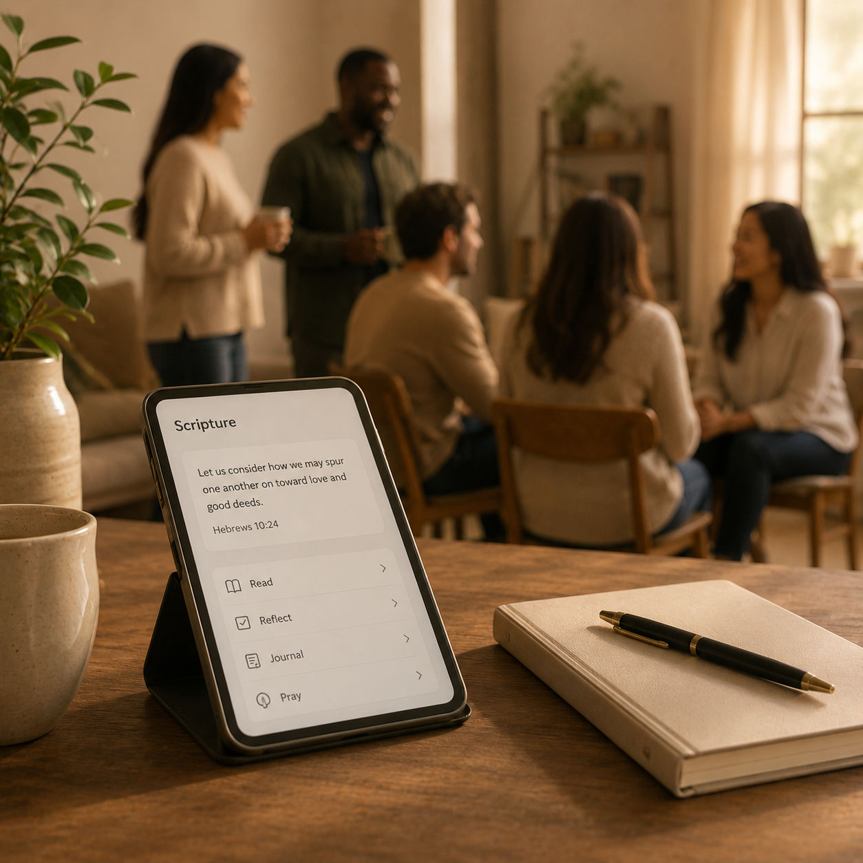 A Scripture app on a table with a warm Bible study group gathered in the background.