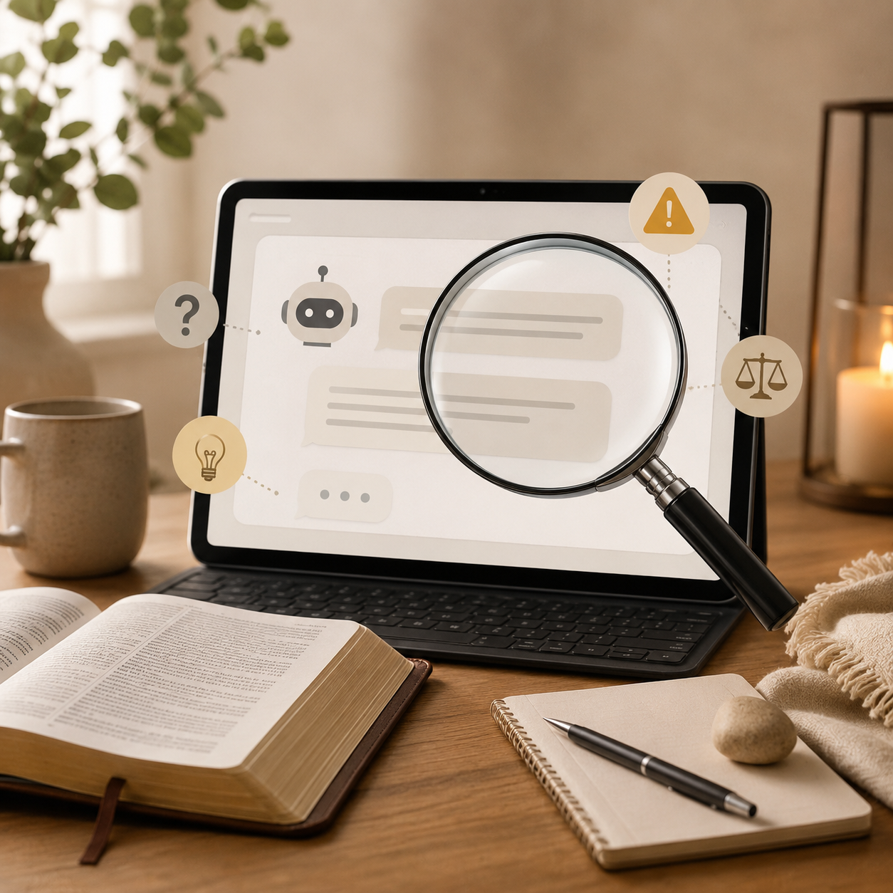 A magnifying glass examining an AI chat interface, representing careful discernment about Christian AI claims.