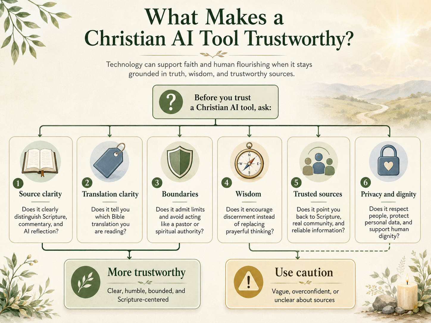 A Christian AI trust checklist showing six questions about source clarity, translation clarity, boundaries, wisdom, trusted sources, and privacy.