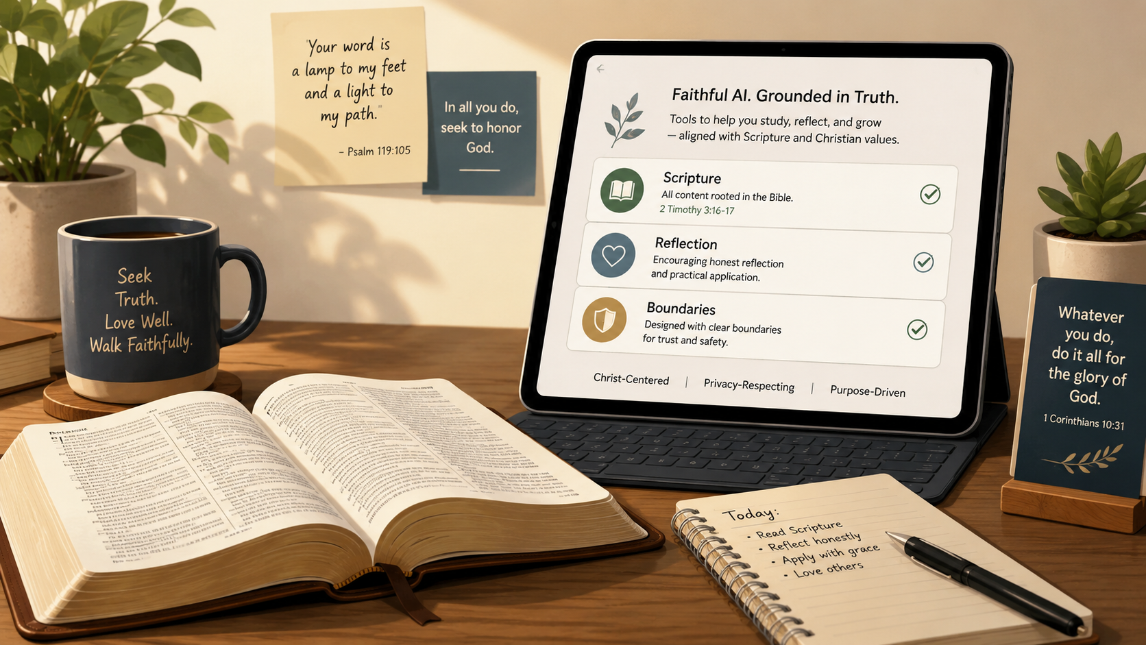 An open Bible beside a tablet showing labeled sections for Scripture, reflection, and boundaries, illustrating source clarity in Christian AI.