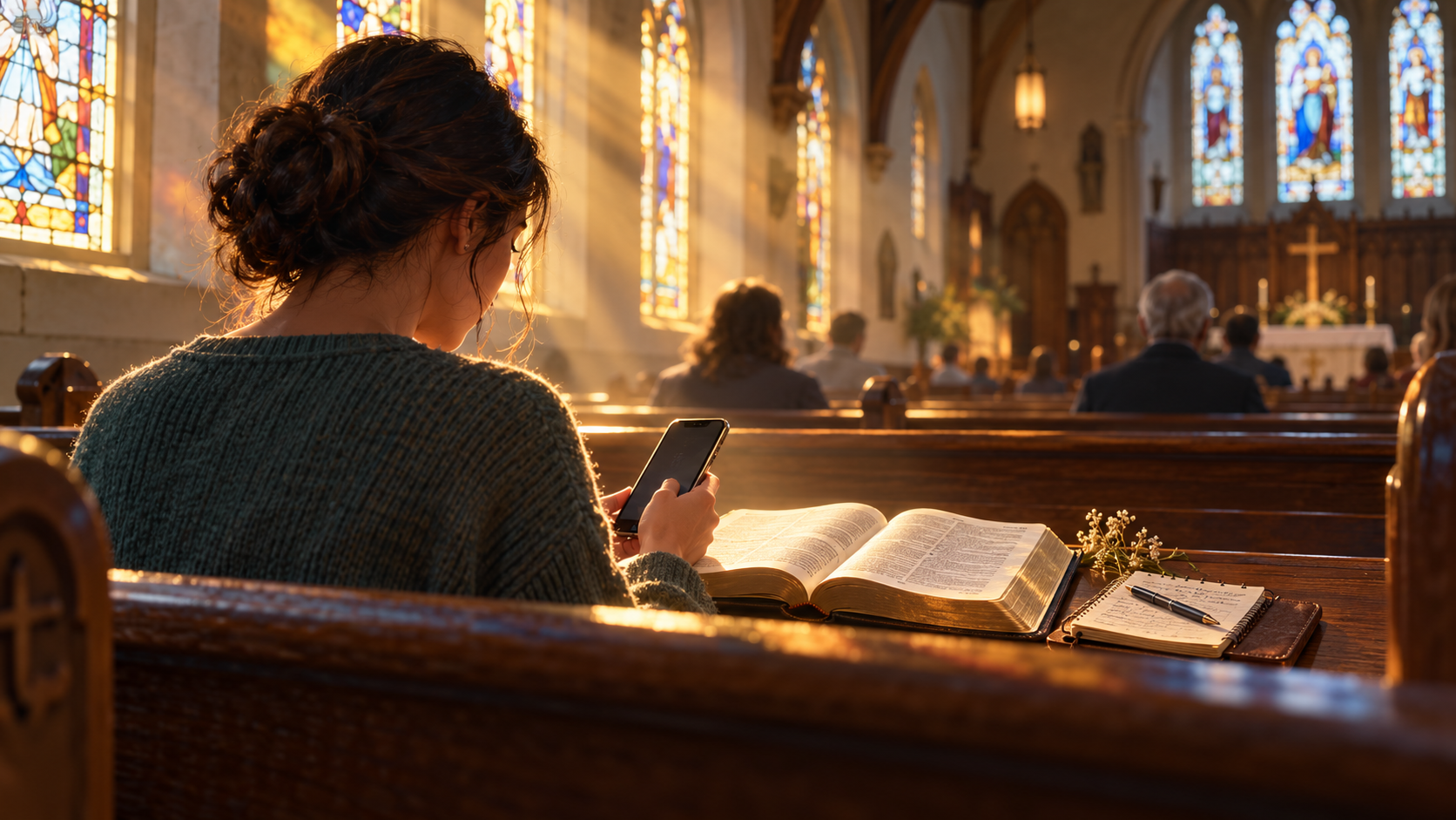 A woman studies the Bible and looks at a phone from a wooden church pew in warm stained-glass light.