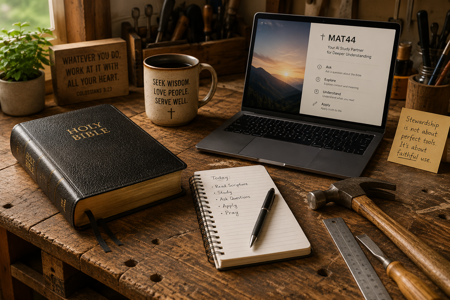A Bible, notebook, hand tools, and laptop on a wooden workbench, illustrating technology as one tool among many for Christian stewardship.