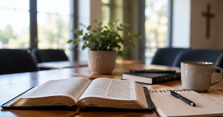 An open Bible with notebook and pen on a sunlit church meeting table.