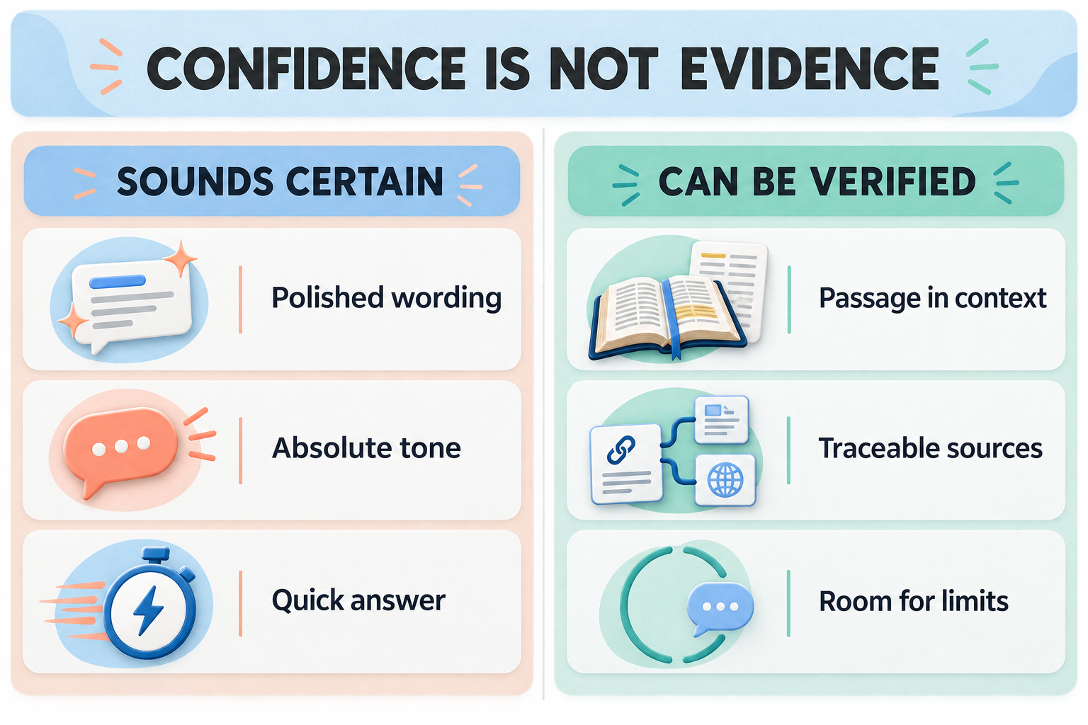 A comparison showing that polished wording, an absolute tone, and a quick answer may sound certain, while passage context, traceable sources, and room for limits can be verified.