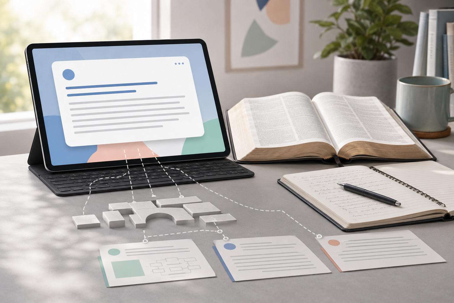 A polished AI response beside an open Bible, study notes, source cards, and an incomplete evidence trail.