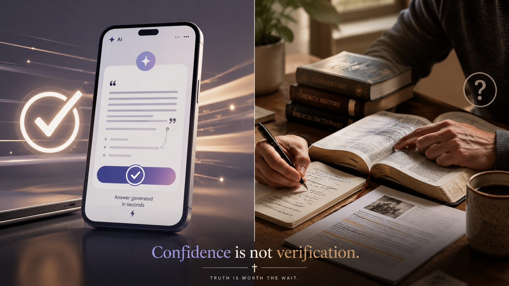 A split-screen comparison between a polished AI answer and a person carefully checking the answer against Scripture and source documents.