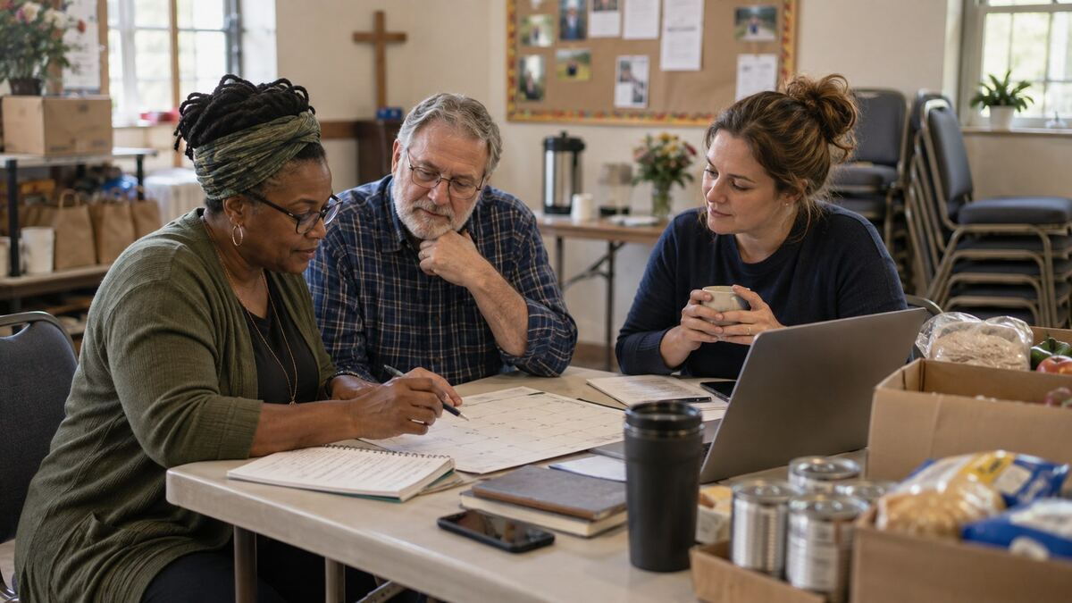 A small church volunteer team planning around a table with a calendar, community meal supplies, and a laptop.