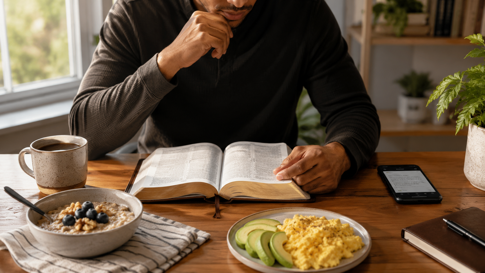 A person reads Scripture at a breakfast table with coffee, oatmeal, eggs, and a phone nearby, showing a quiet daily Bible reading habit supported by technology.