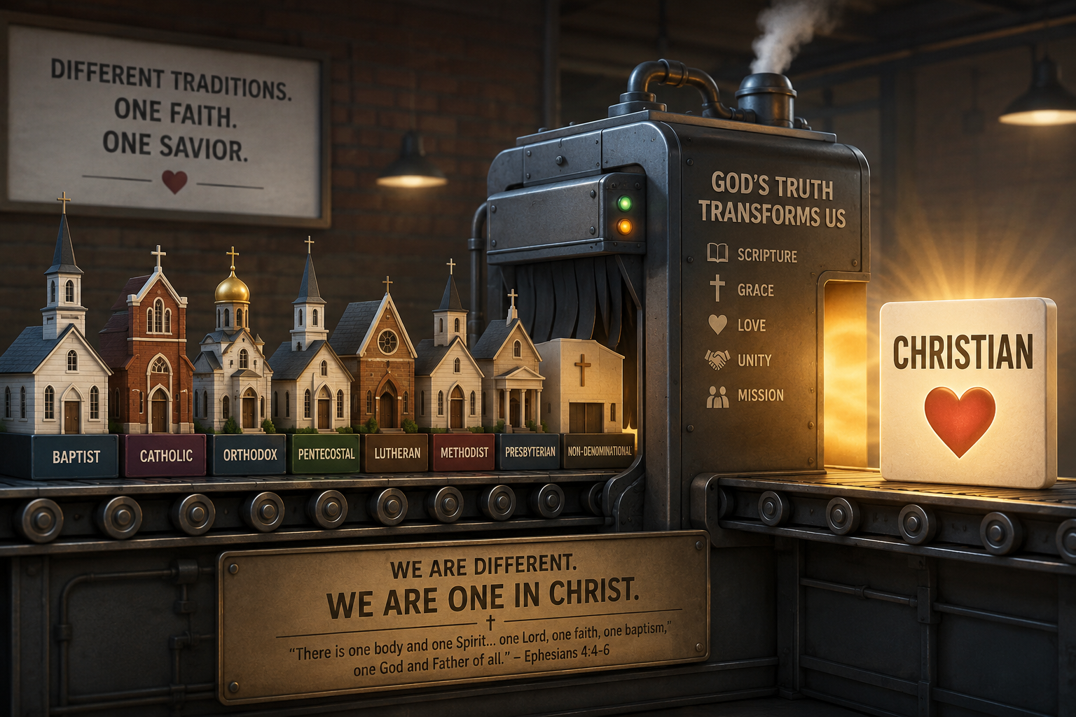 Different Christian denominations entering a machine and coming out flattened into generic Christian language.
