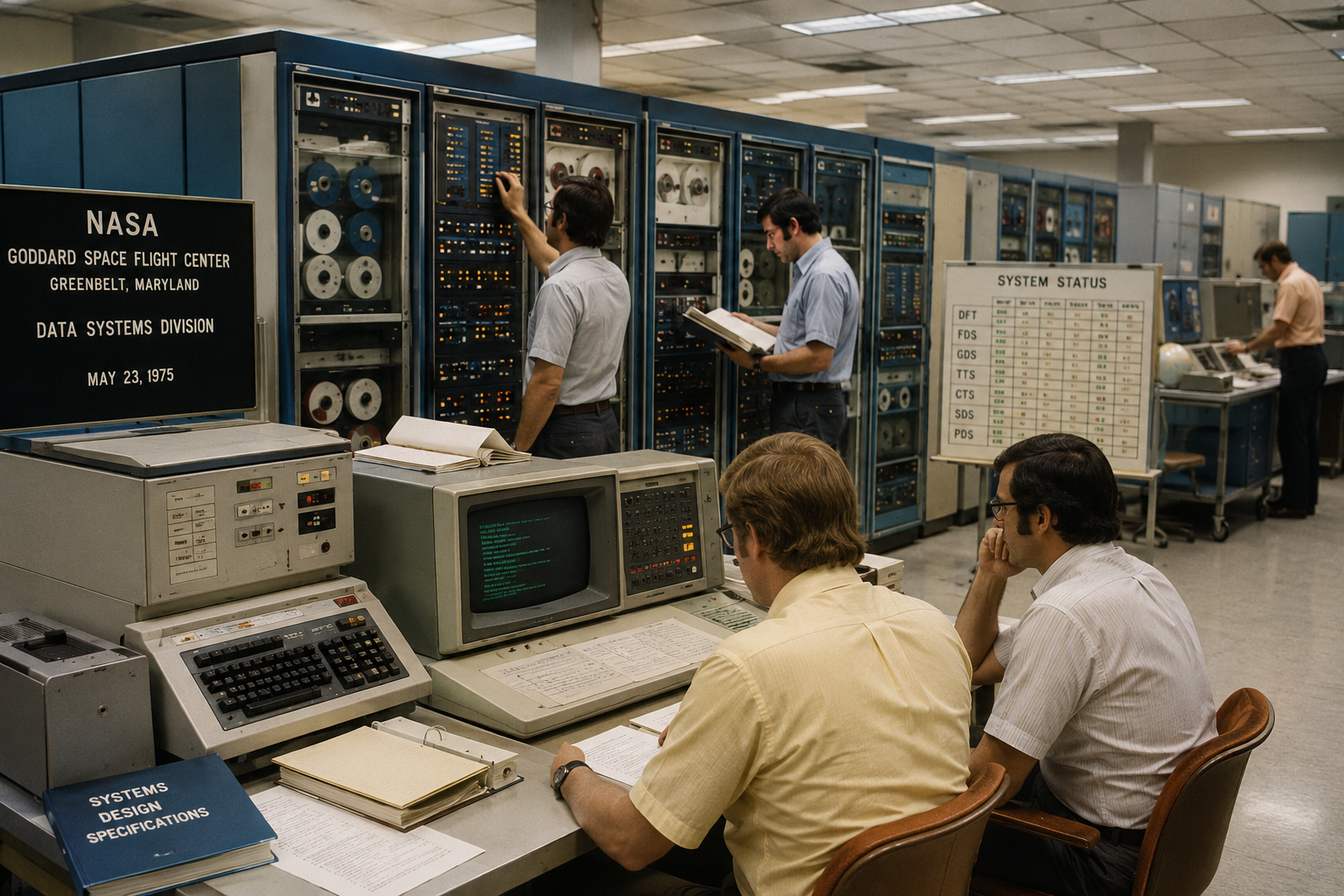 Vintage computer room with engineers working beside large early computer systems.
