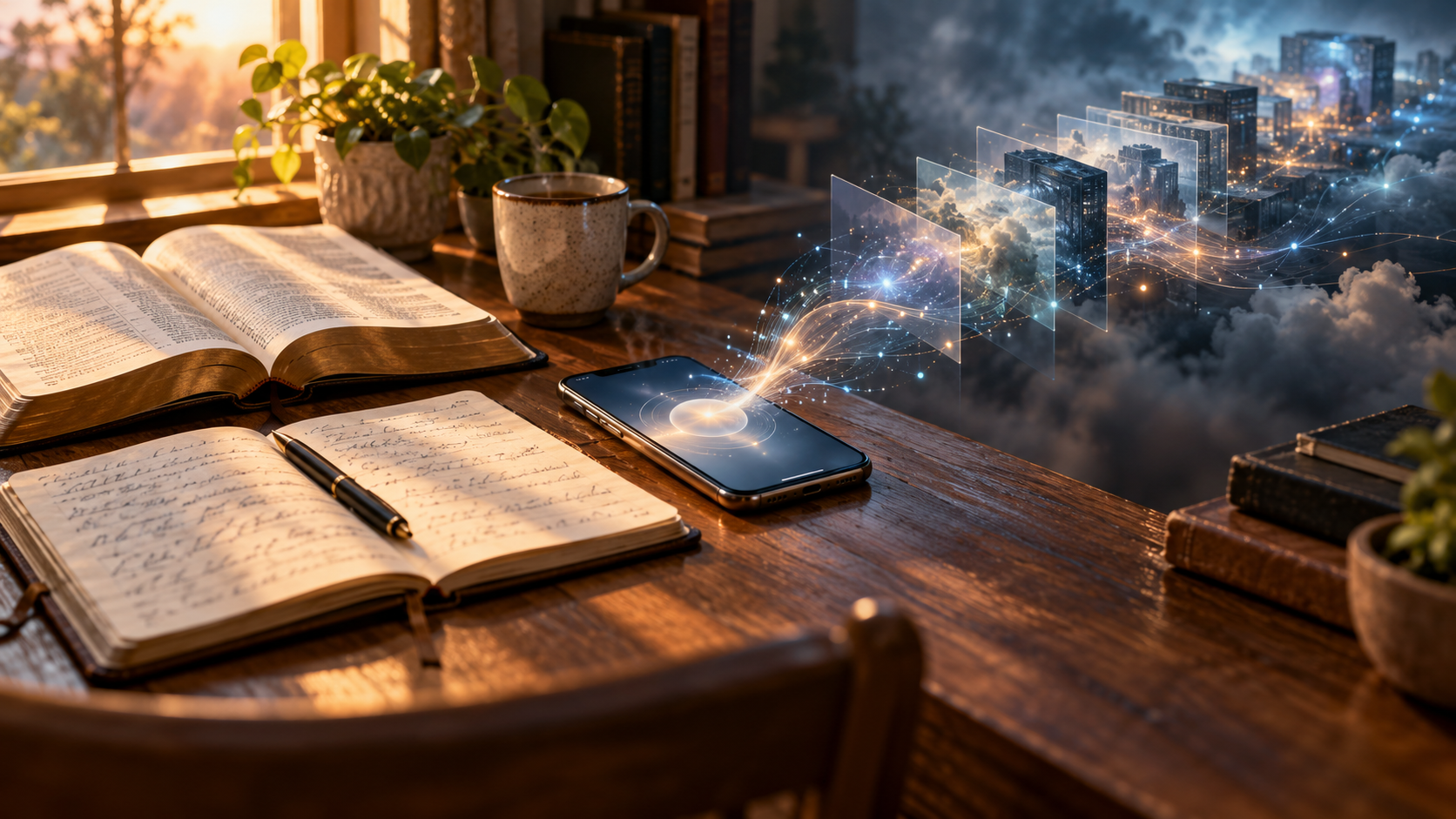 An open Bible and handwritten notes beside a phone, with a subtle stream of information moving into layered digital systems.