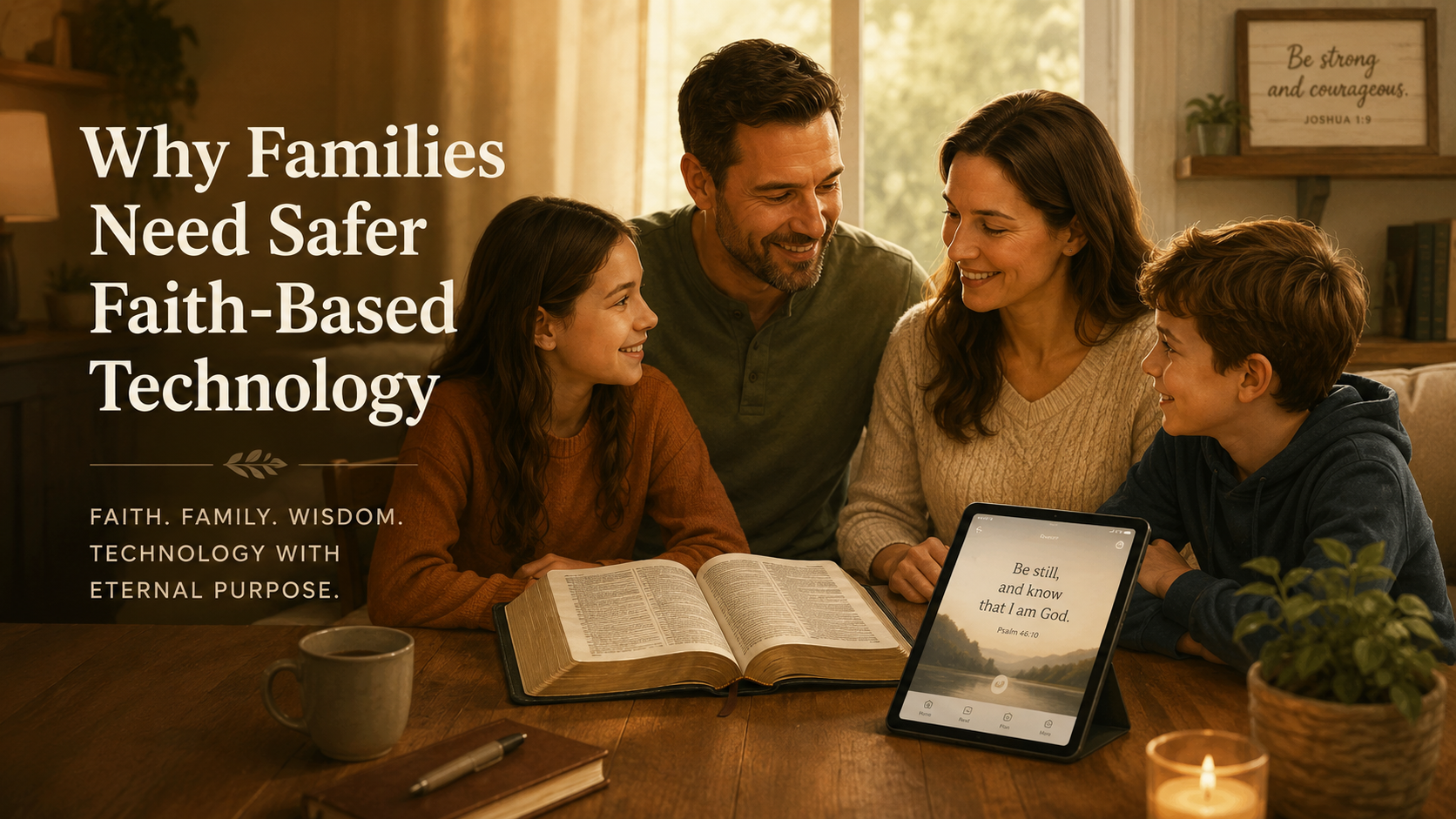A family gathered around a table with an open Bible and a tablet showing a Scripture app as a secondary support.