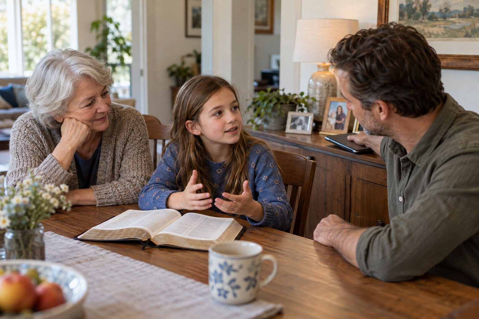 A girl talks with her father and grandmother over an open Bible while her father puts a tablet aside.