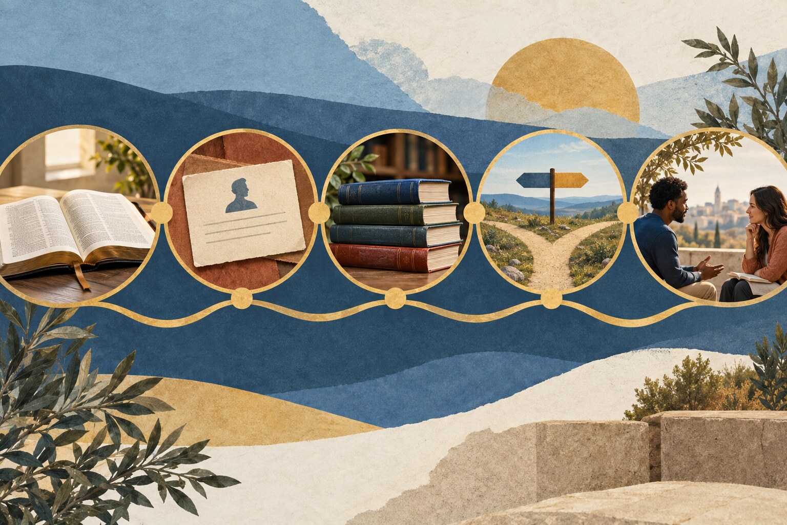 Five visual checkpoints representing passage context, sources, trusted resources, interpretation, and human conversation.