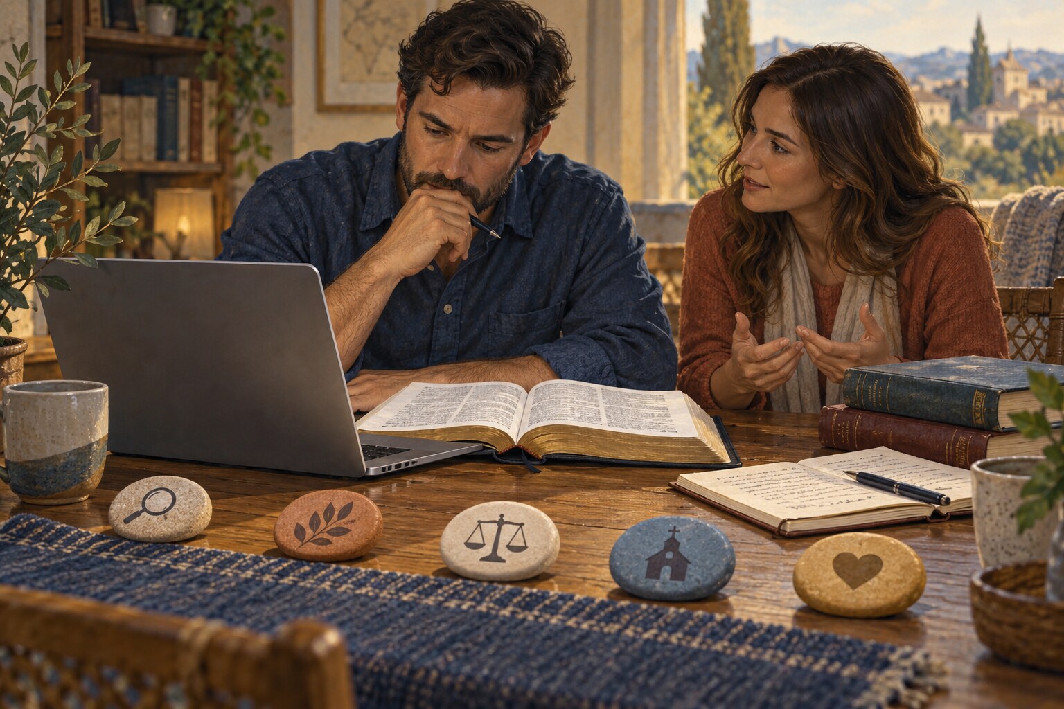 Two readers checking an AI response against an open Bible, study notes, and trusted resources.